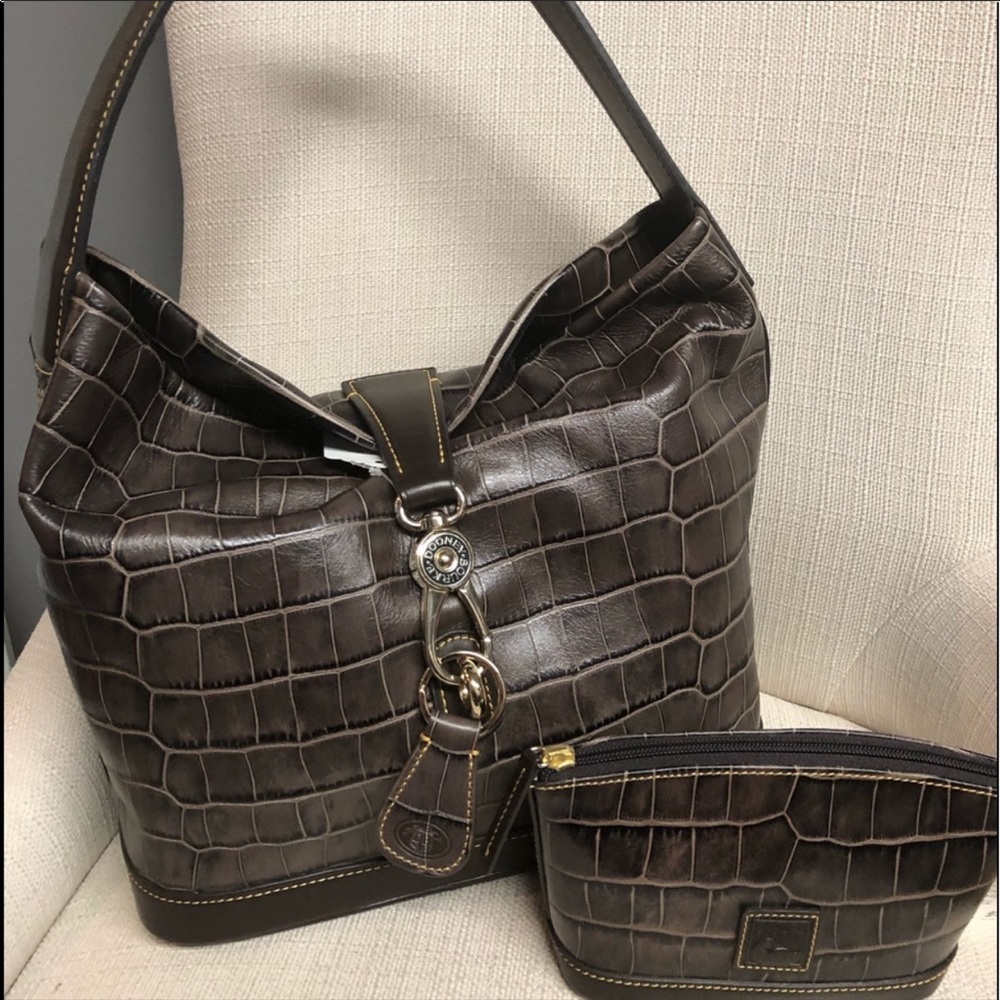 D&B Brown Leather Croc Embossed Hobo & Makeup Set